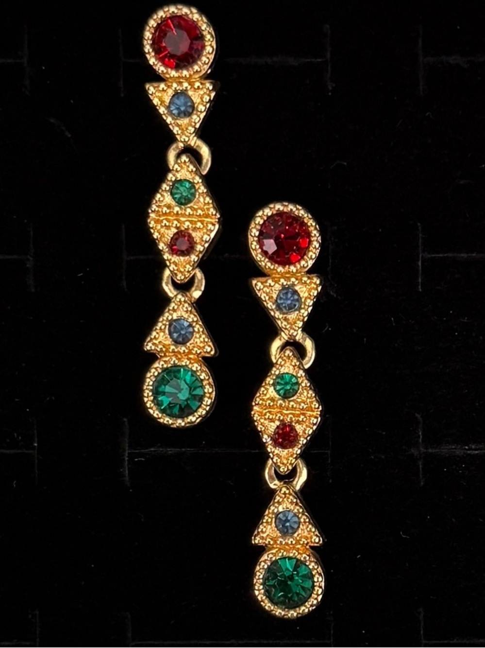 Vintage Gold Tone Multicolor Rhinestone Dangle Pierced Earrings